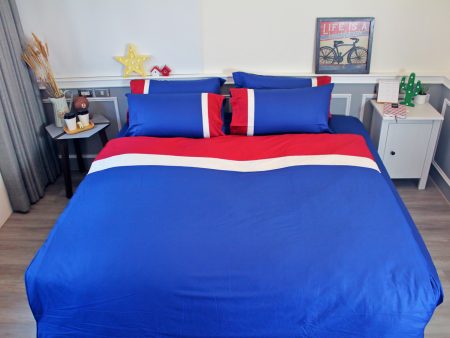 床包 / 單人 素色混搭設計款 / 藍X紅X白 100%精梳棉  單人床包含一個枕套