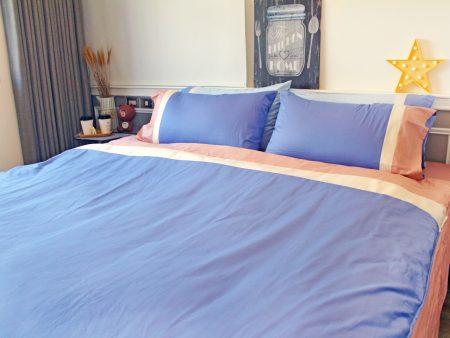 床包 / 雙人 素色混搭設計款 / 藍X粉X白 100%精梳棉  雙人床包含二個枕套