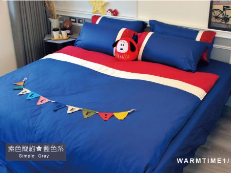 床包 / 雙人加大 素色混搭設計款 / 藍x紅x白 100%精梳棉  雙人加大床包含二個枕套